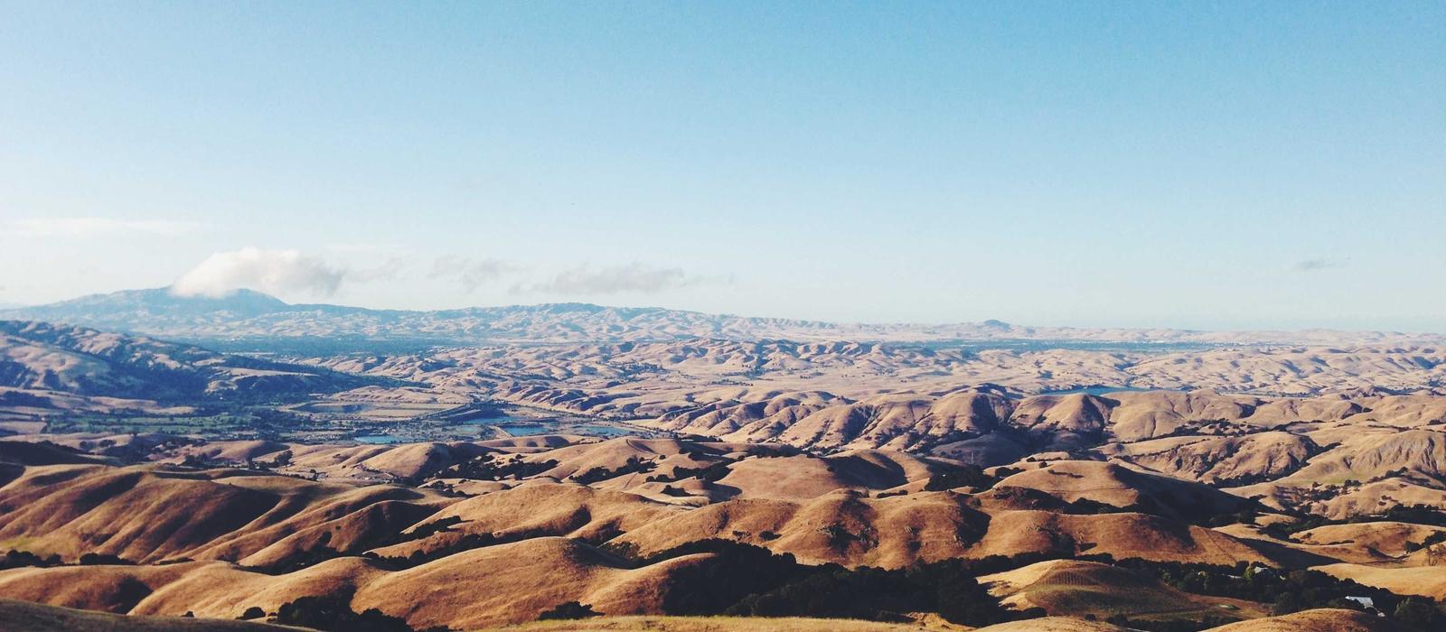 Aerial view of rolling coastal hills